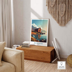 Reykjavik Iceland wall art poster displayed in a modern living room, showcasing stunning landscapes and contemporary design.