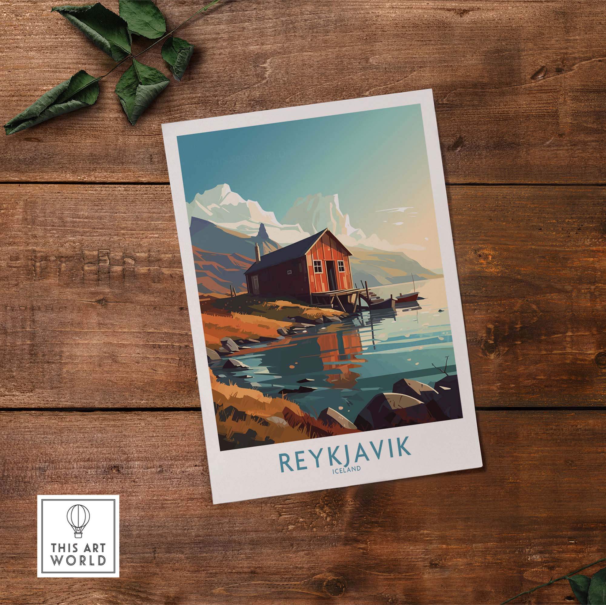 Reykjavik Iceland modern wall art print featuring a scenic landscape with a red house by the water.