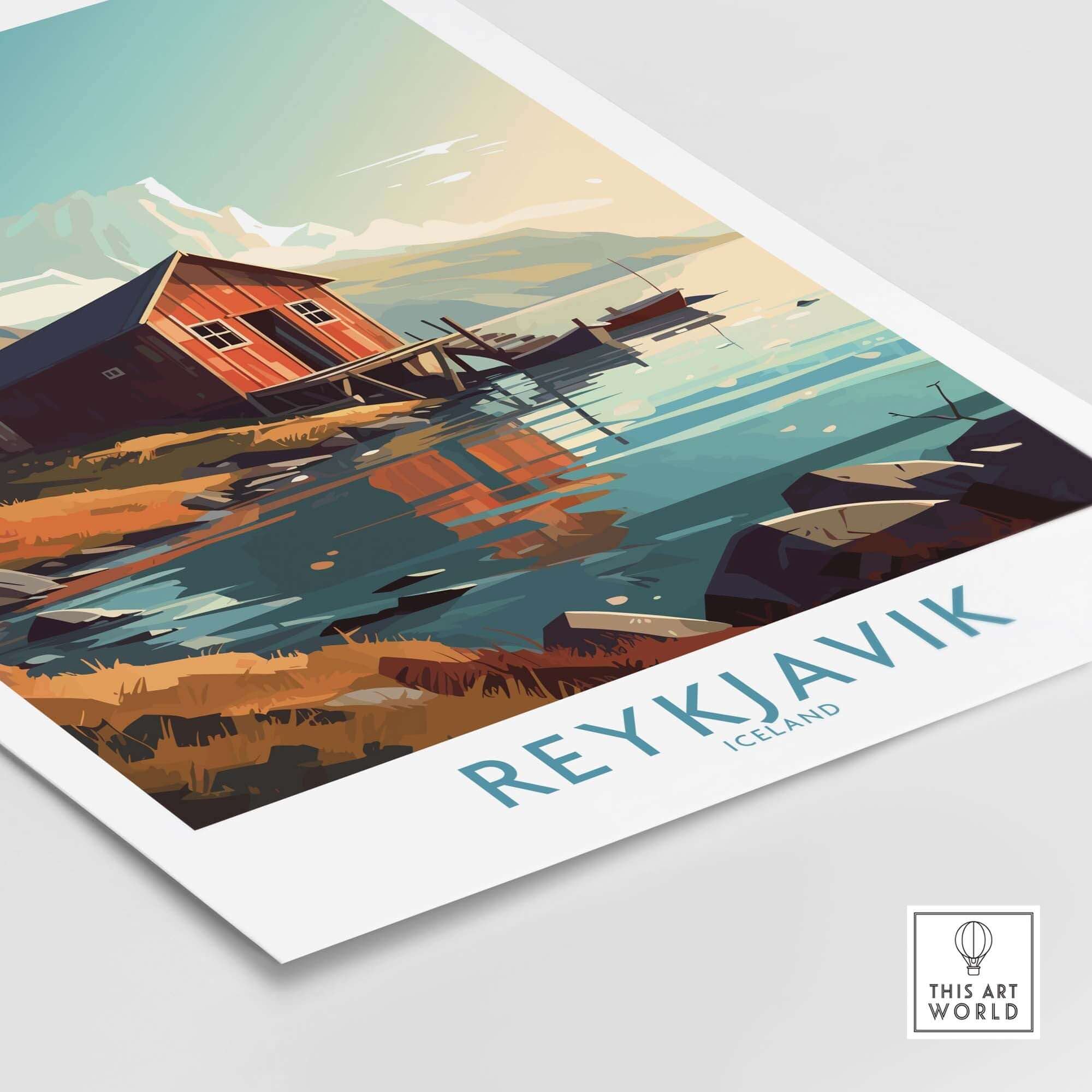 Modern Reykjavik Iceland wall art print featuring a colorful landscape with a red house by the water.