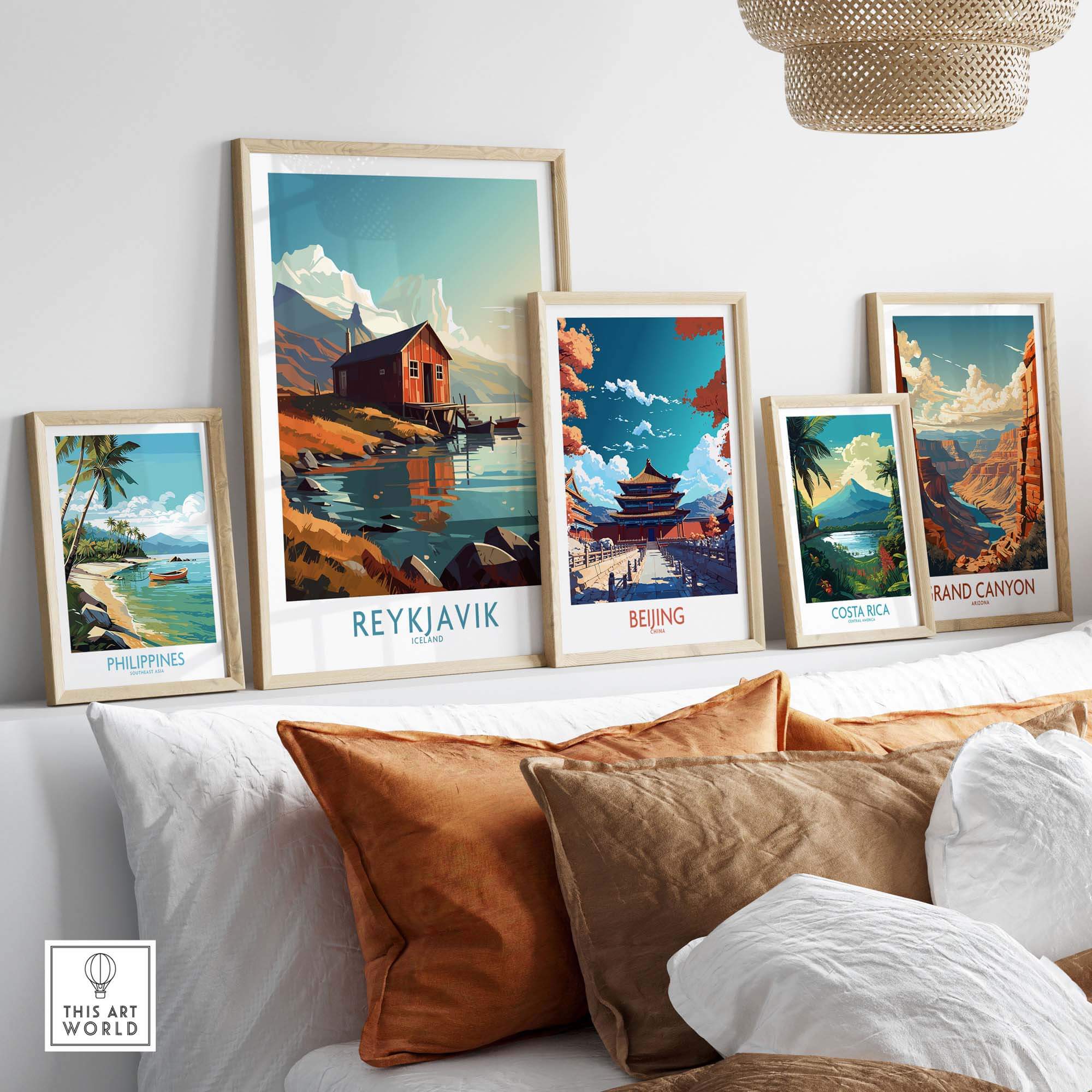 Modern Reykjavik Iceland wall art collection featuring scenic travel posters on display.