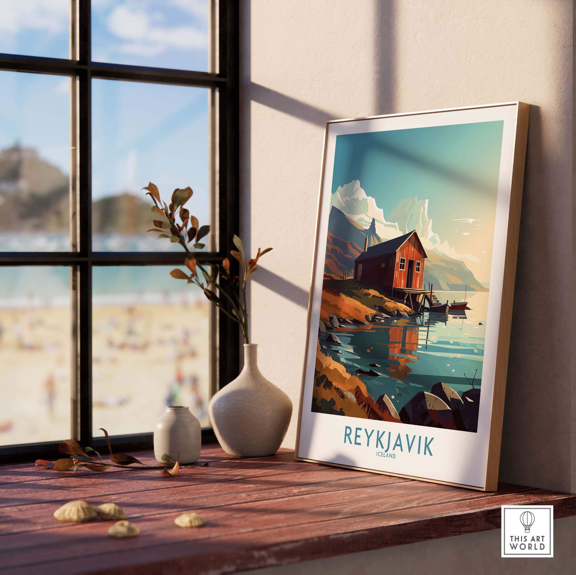 Colorful Reykjavik Iceland wall art poster displayed in a stylish room with scenic beach view.