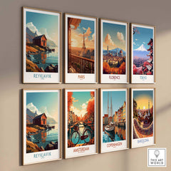 Collection of modern city posters featuring Reykjavik, Paris, Florence, Tokyo, Amsterdam, Copenhagen, and Barcelona.