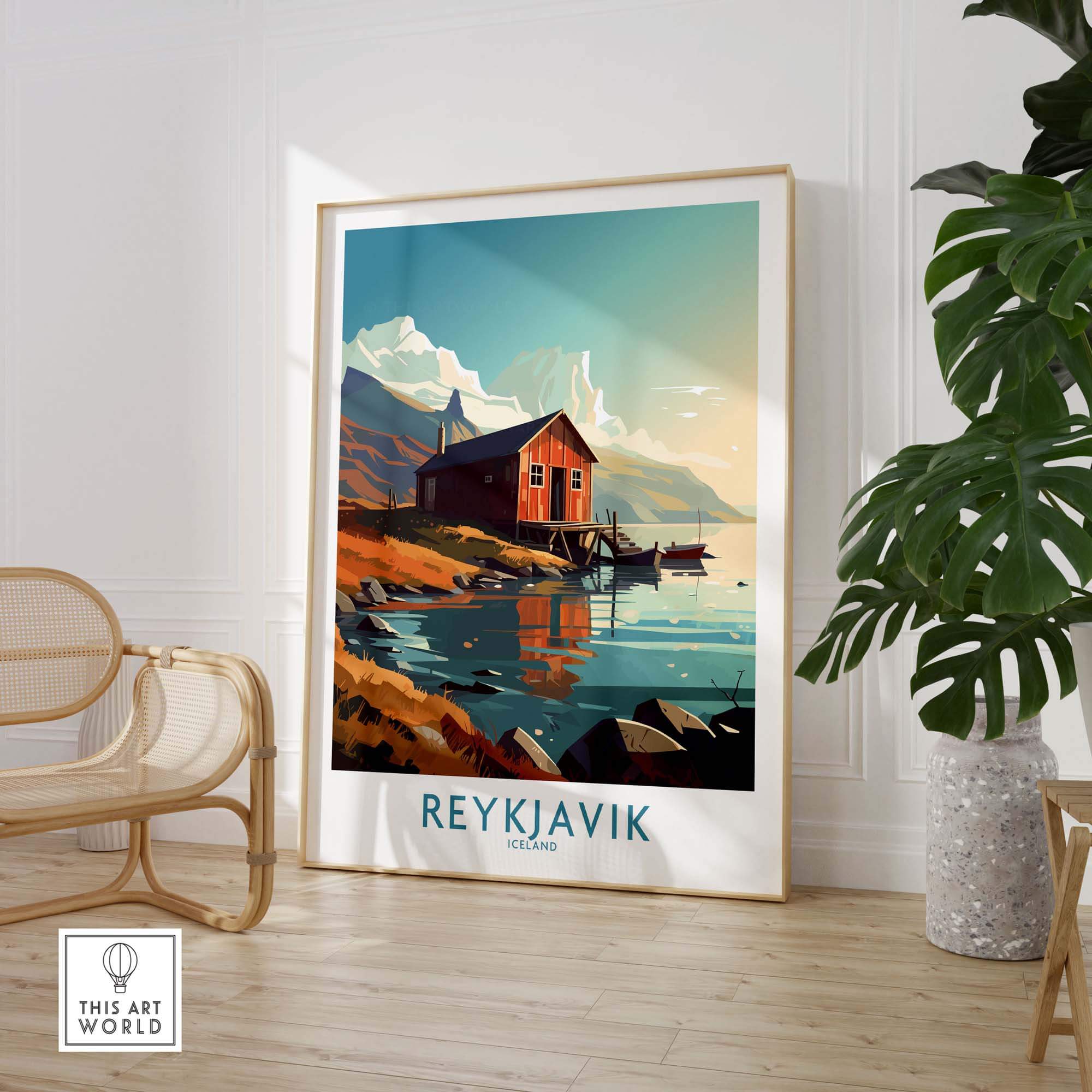 Reykjavik Iceland wall art print showcasing a scenic view of a red cabin by the water in a modern style.