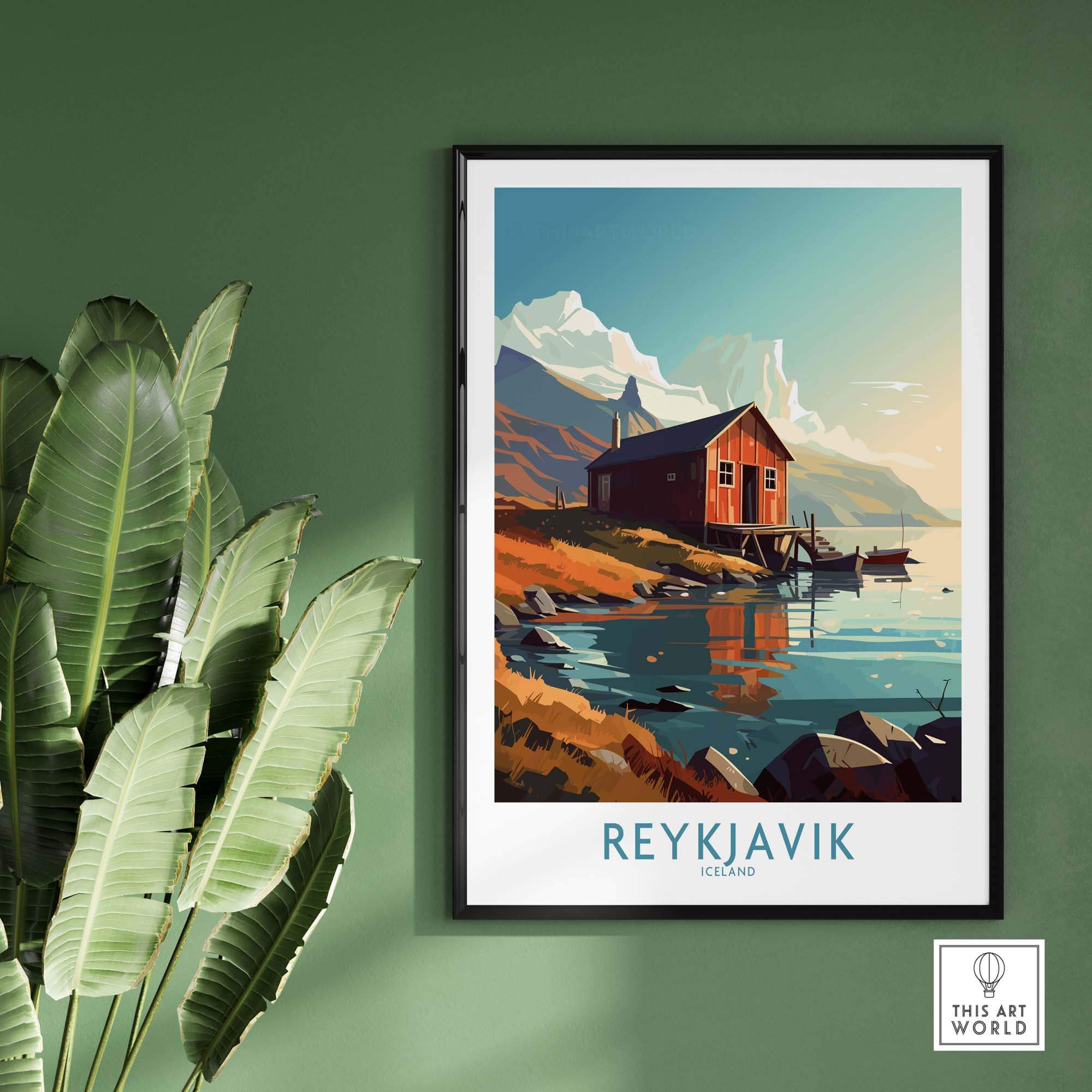 Reykjavik Iceland wall art print featuring a scenic landscape and vibrant colors, perfect for modern home decor.