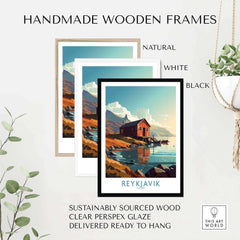 Handmade wooden frames in natural, white, and black styles for Reykjavik Iceland Wall Art, sustainably sourced wood.