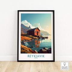 Reykjavik Iceland wall art poster featuring a serene lakeside scene with a colorful wooden cabin.