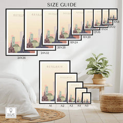 Size guide for Reykjavik city skyline posters displayed in various frames for home decor.