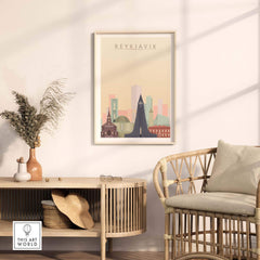 Reykjavik poster showcasing the city skyline in stylish decor with a natural wooden cabinet and a cozy chair.