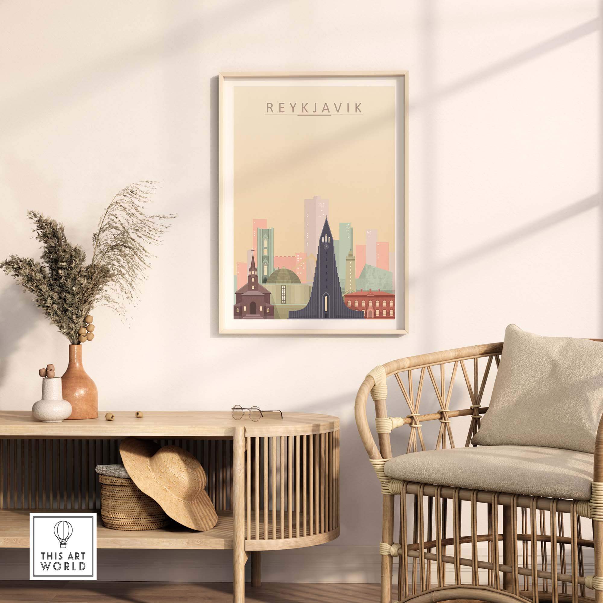 Reykjavik poster showcasing the city skyline in stylish decor with a natural wooden cabinet and a cozy chair.