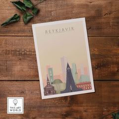 Reykjavik city skyline poster showcasing iconic buildings, perfect for home décor or gallery wall art.