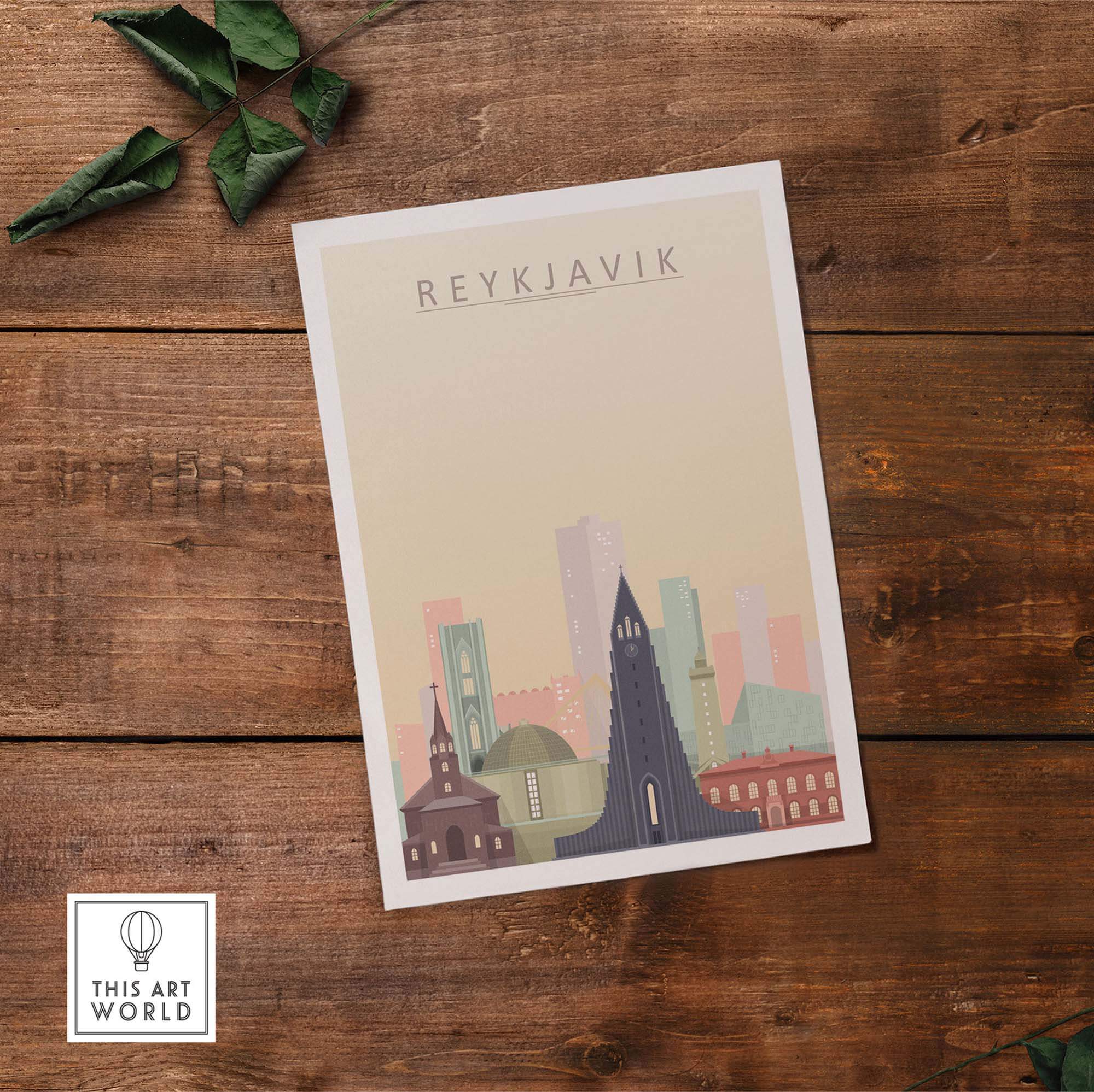 Reykjavik city skyline poster showcasing iconic buildings, perfect for home décor or gallery wall art.