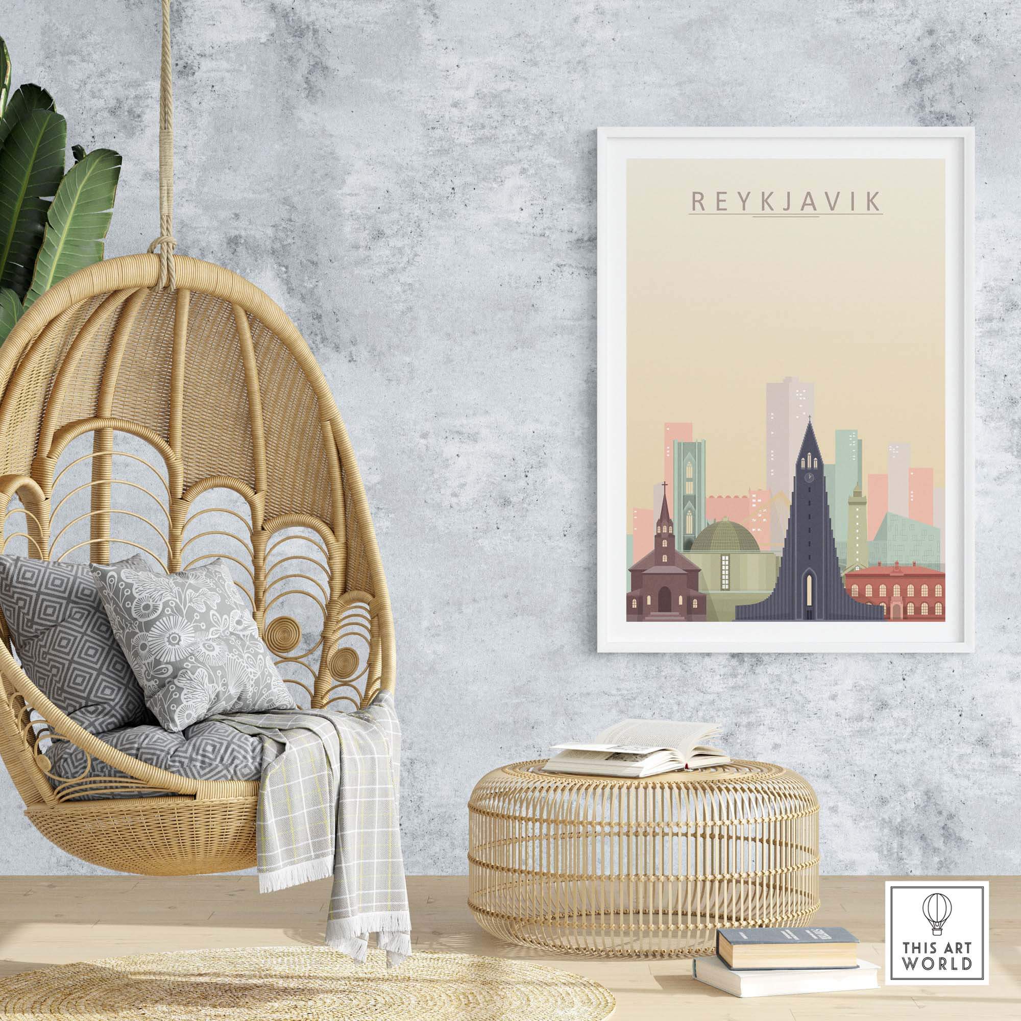 Reykjavik skyline poster displayed in a modern interior with a hanging chair and decorative elements.