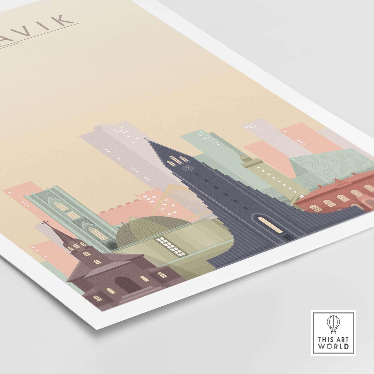 Reykjavik skyline poster showcasing iconic buildings in pastel colors, perfect for home décor and gallery wall art.