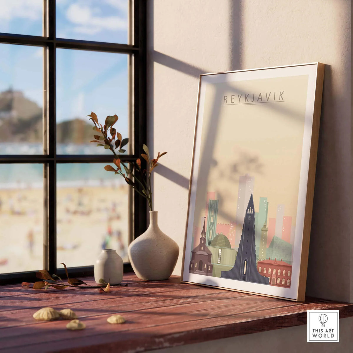 Reykjavik city skyline poster framed on a table, showcasing vibrant colors and iconic landmarks as home décor.