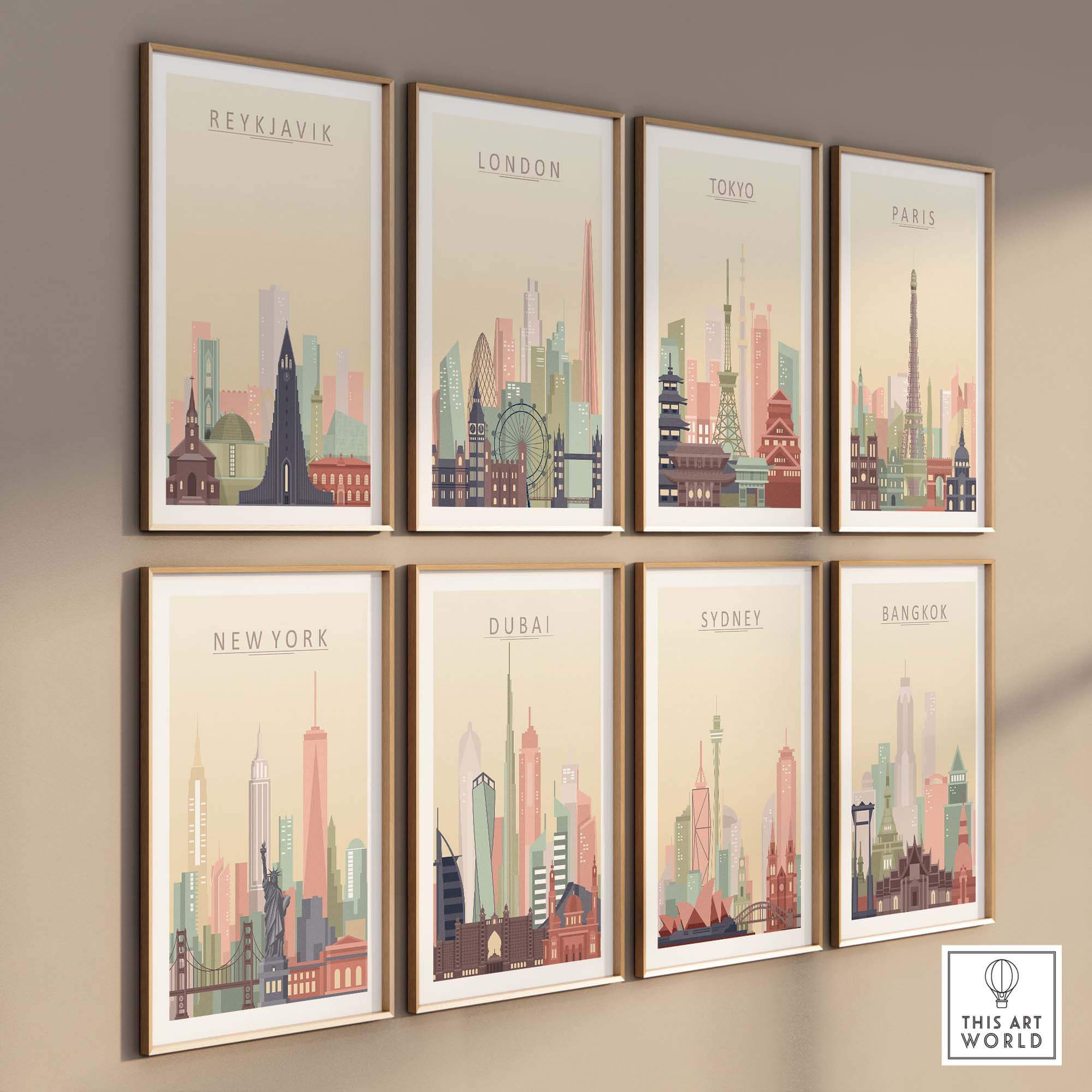 Framed city skyline posters including Reykjavik, London, Tokyo, Paris, New York, Dubai, Sydney, and Bangkok.