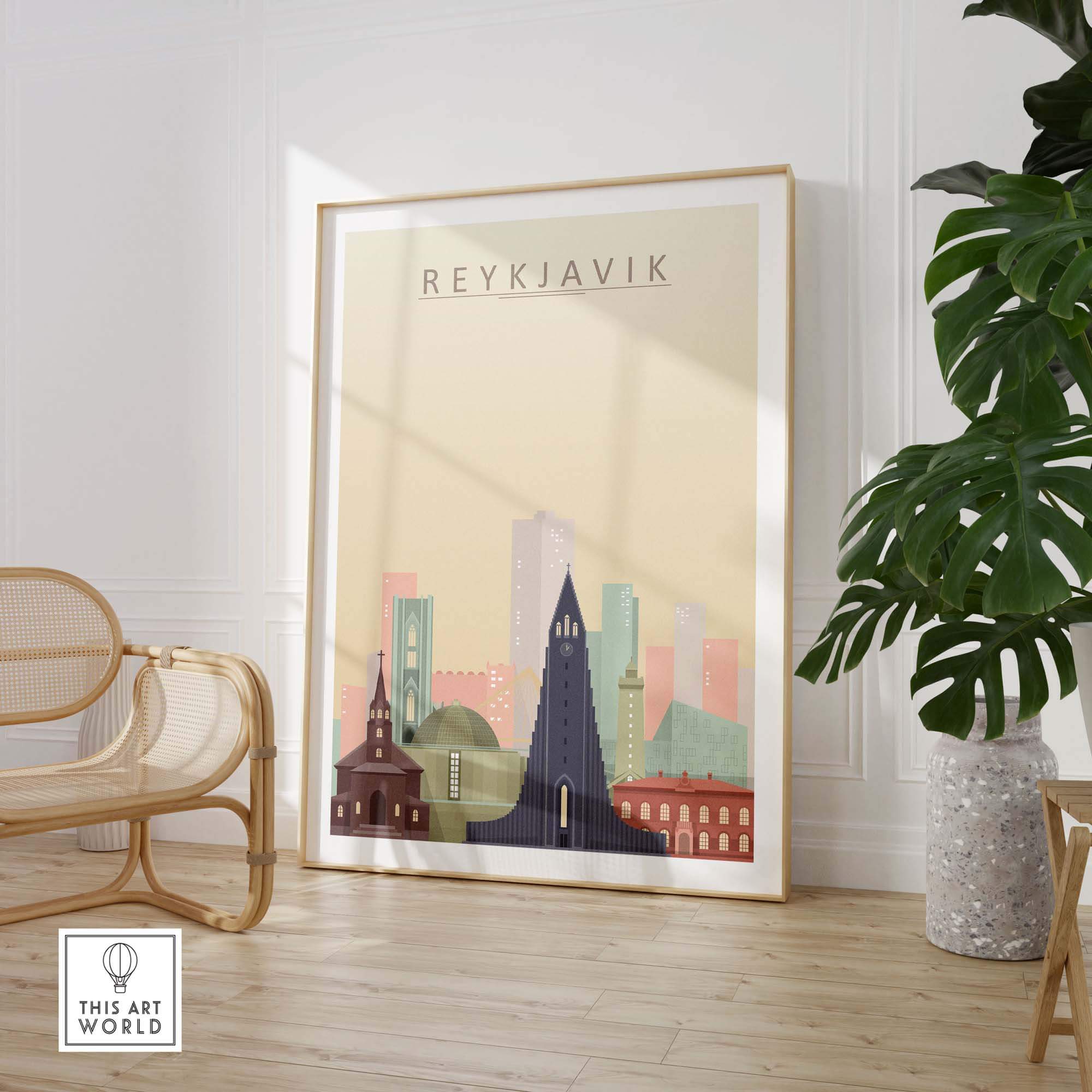 Reykjavik city skyline poster framed, showcasing colorful buildings and modern design in bright interior space.