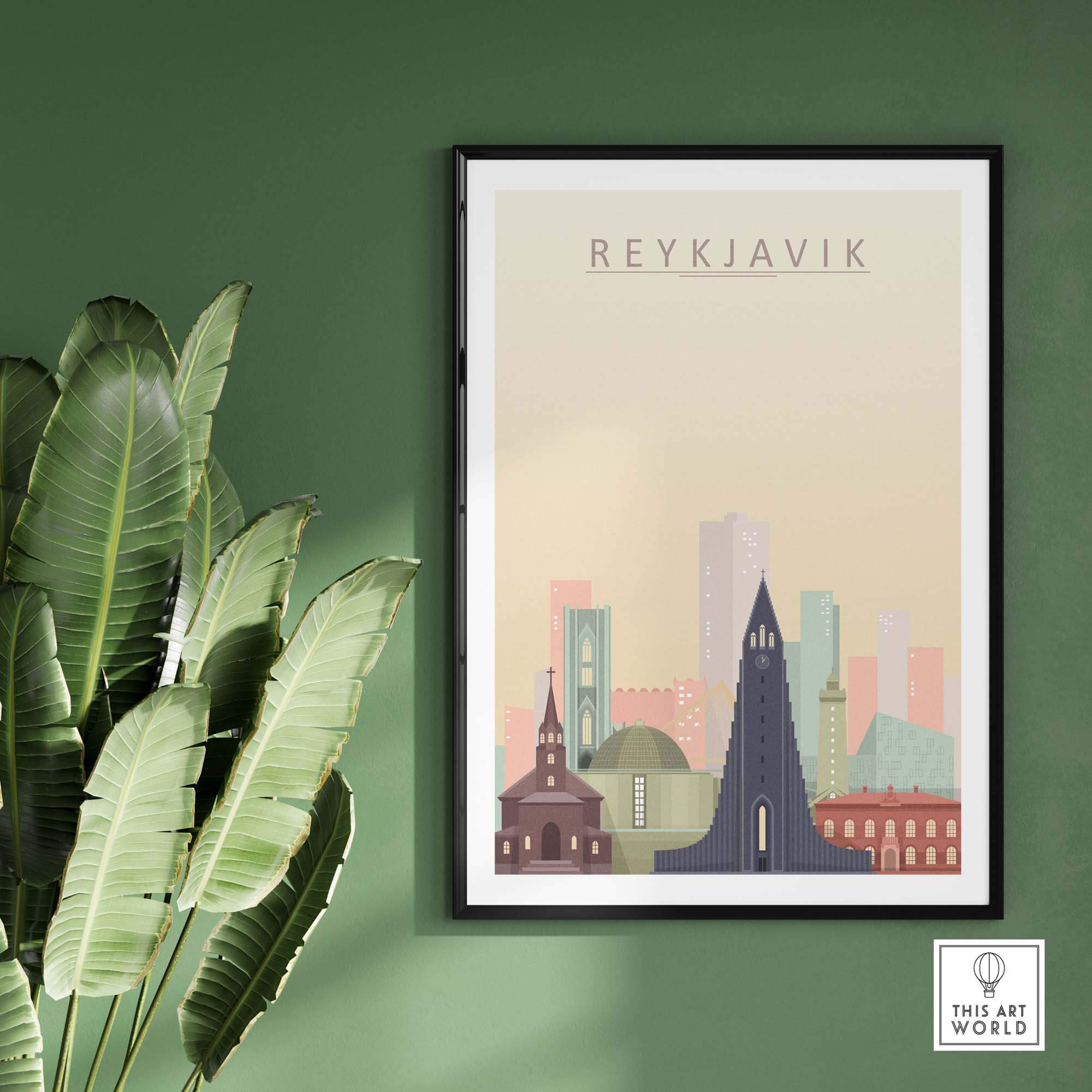 Reykjavik city skyline poster framed on a green wall, showcasing iconic buildings and vibrant colors.