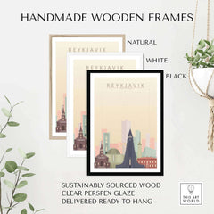 Three handmade wooden frames in natural, white, and black for Reykjavik city skyline poster, ready to hang.