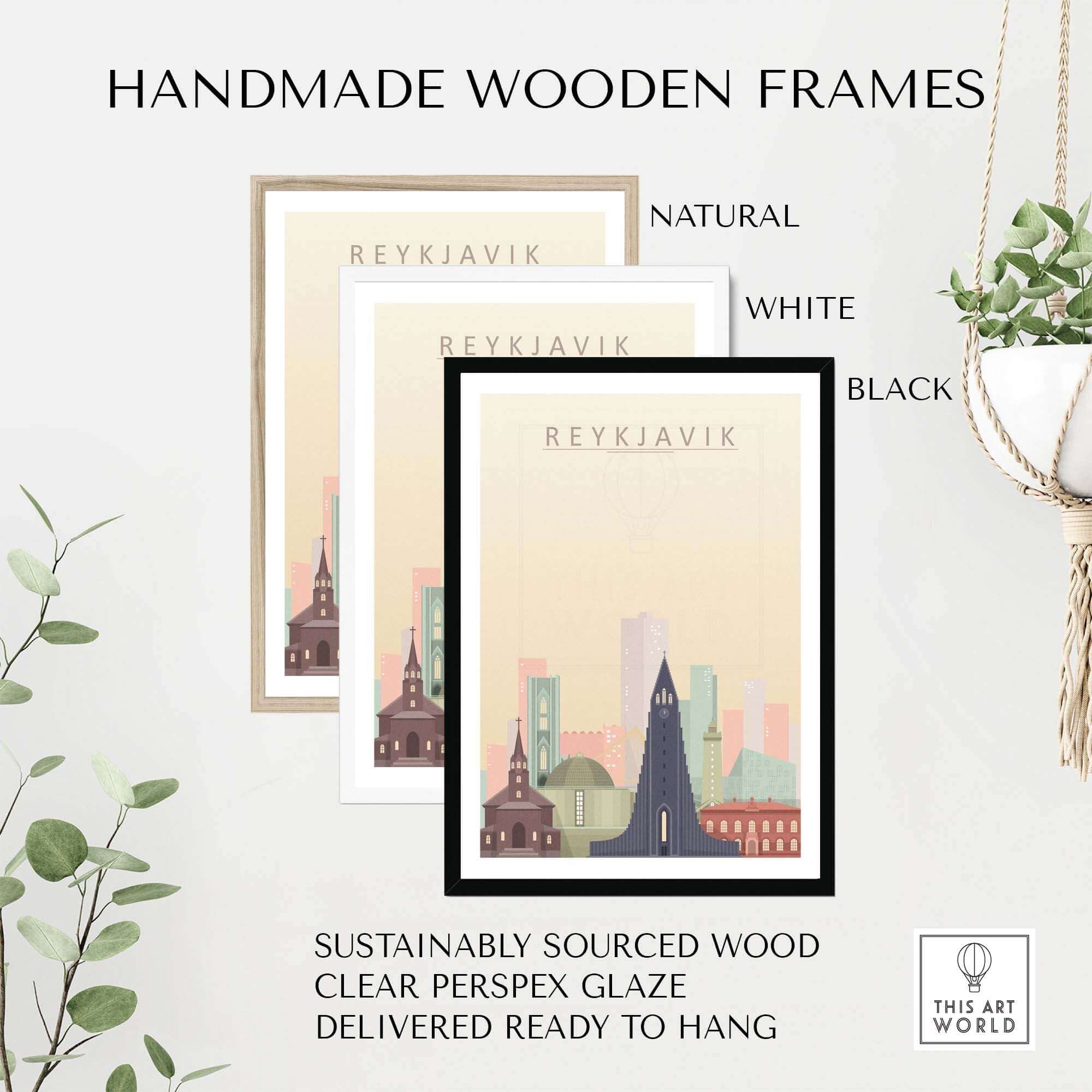 Three handmade wooden frames in natural, white, and black for Reykjavik city skyline poster, ready to hang.