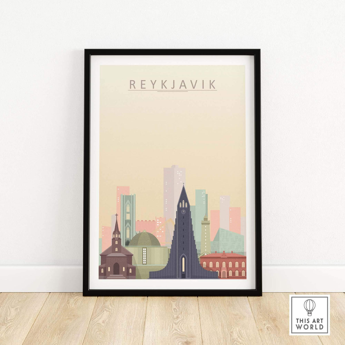 Reykjavik poster showcasing a colorful city skyline, perfect for home decor or gallery walls.