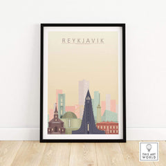 Reykjavik poster showcasing a colorful city skyline, perfect for home decor or gallery walls.