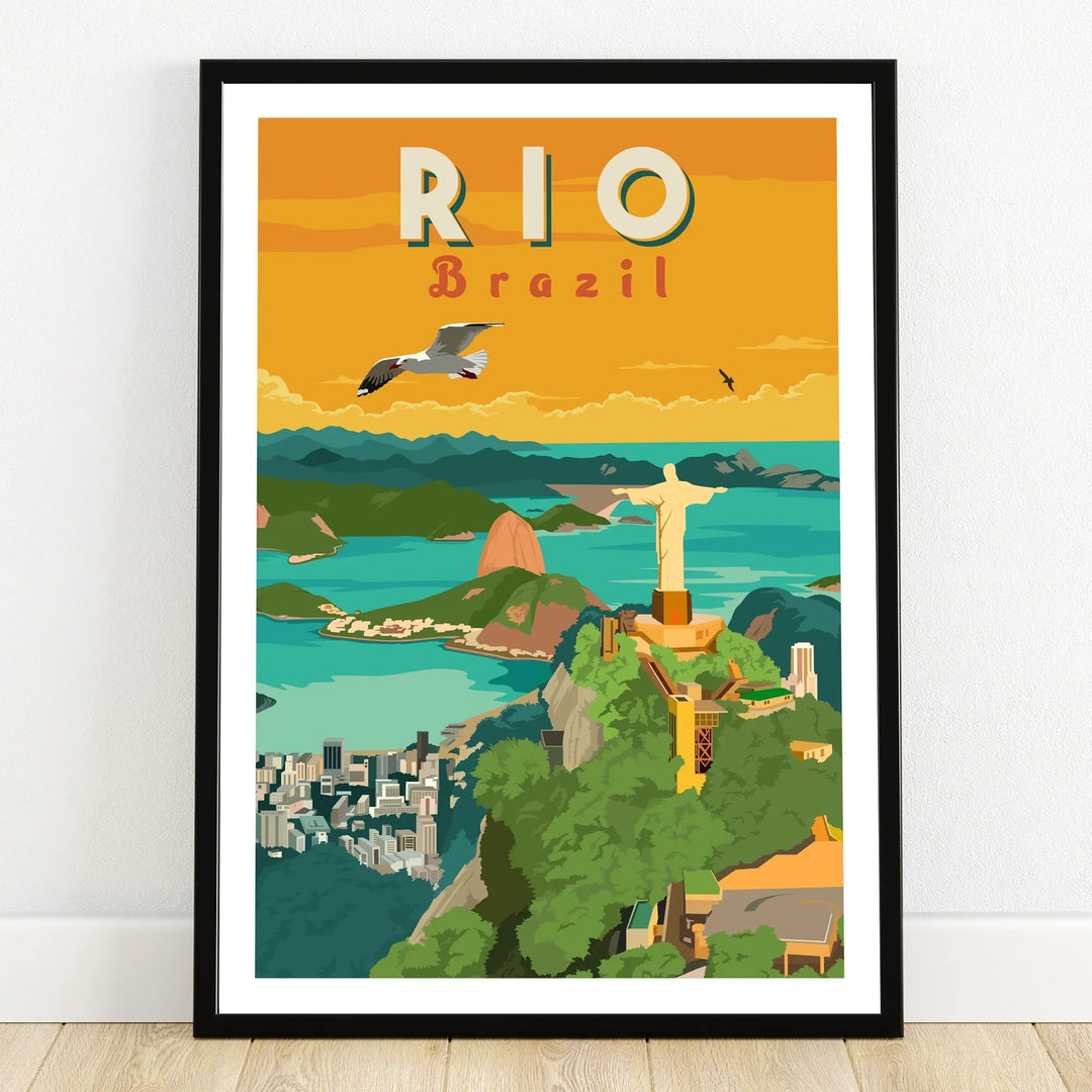 Rio Brazil travel poster featuring Christ the Redeemer, Sugarloaf Mountain, and city skyline