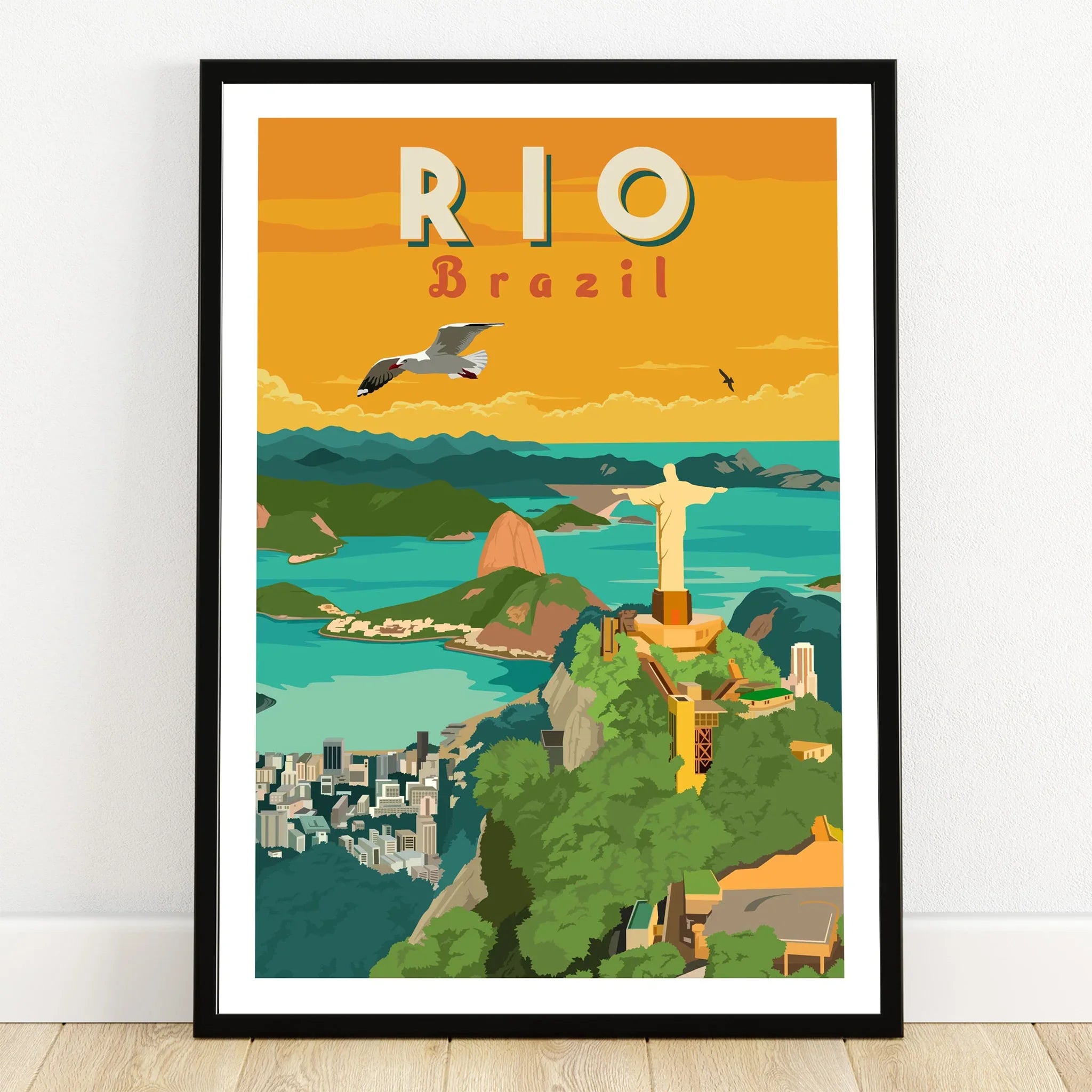 Rio Brazil travel poster featuring Christ the Redeemer, Sugarloaf Mountain, and city skyline