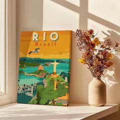 Rio Brazil travel poster canvas art with Christ the Redeemer, city skyline, and ocean view for home decor