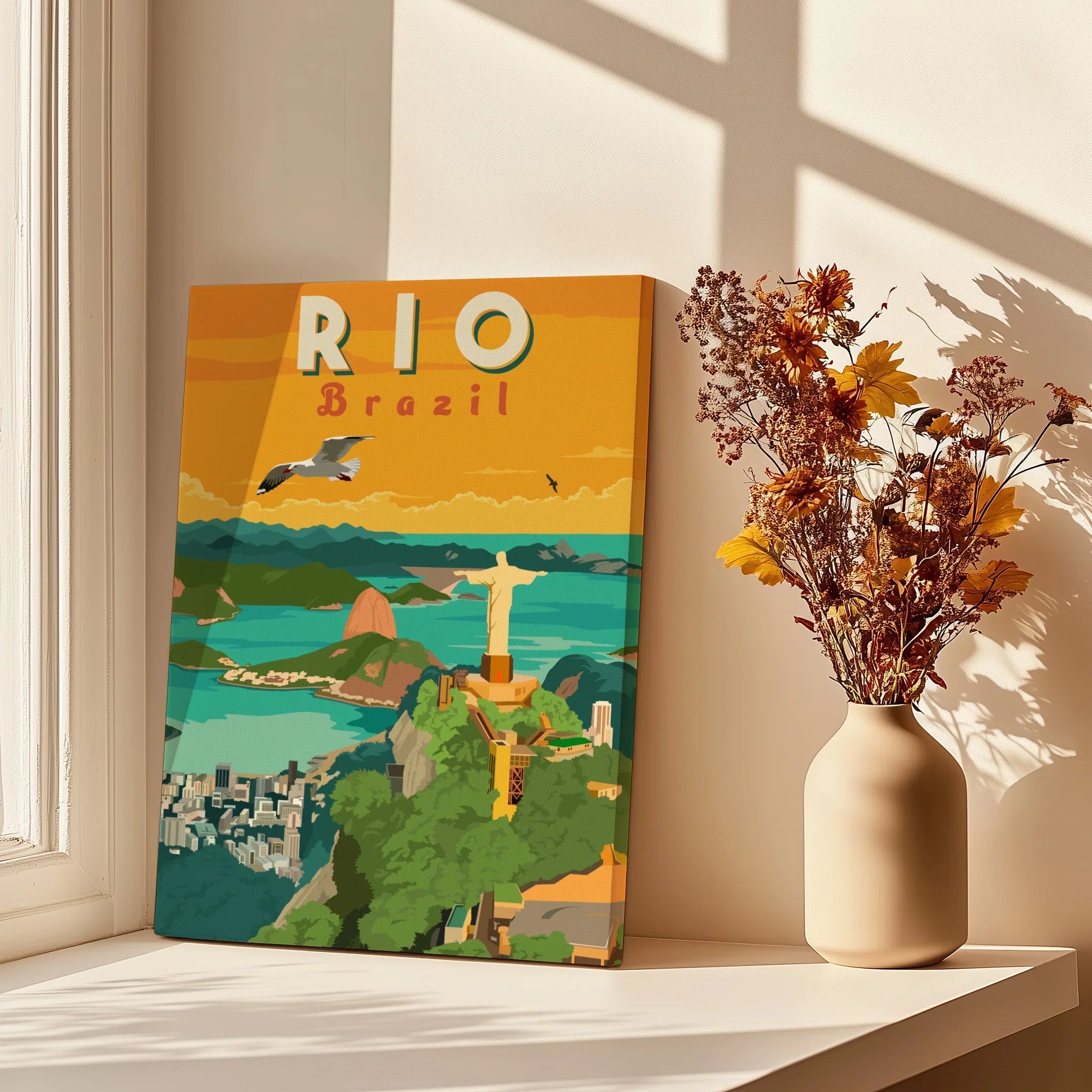 Rio Brazil travel poster canvas art with Christ the Redeemer, city skyline, and ocean view for home decor