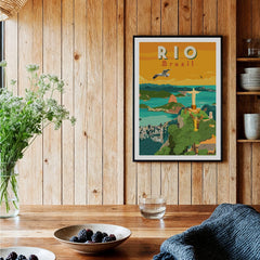 Rio Brazil travel poster with Christ the Redeemer, vibrant cityscape, and ocean view for home wall art decor