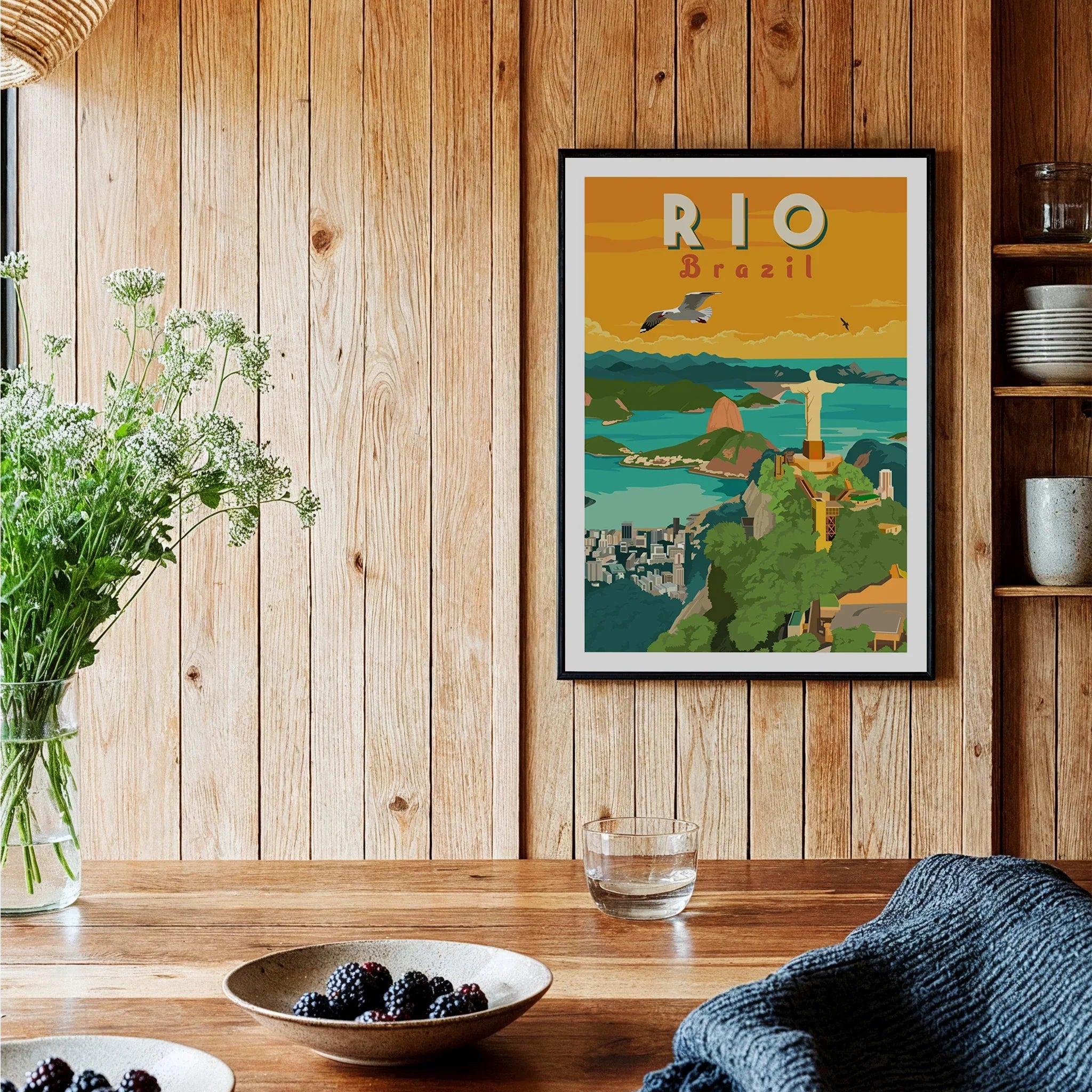 Rio Brazil travel poster with Christ the Redeemer, vibrant cityscape, and ocean view for home wall art decor