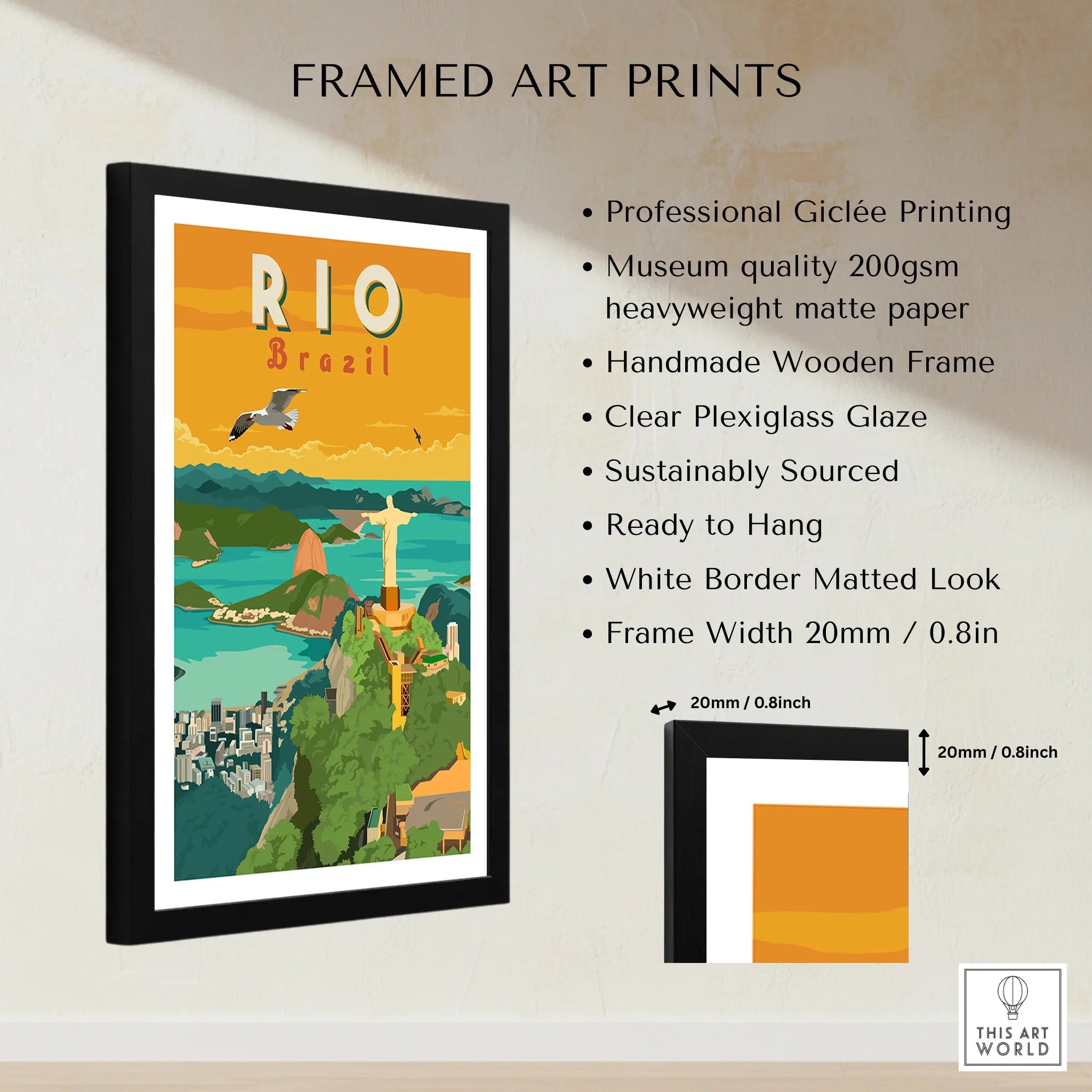 Framed Rio Brazil travel poster art print with Christ the Redeemer, city skyline, and coastal view for wall decor