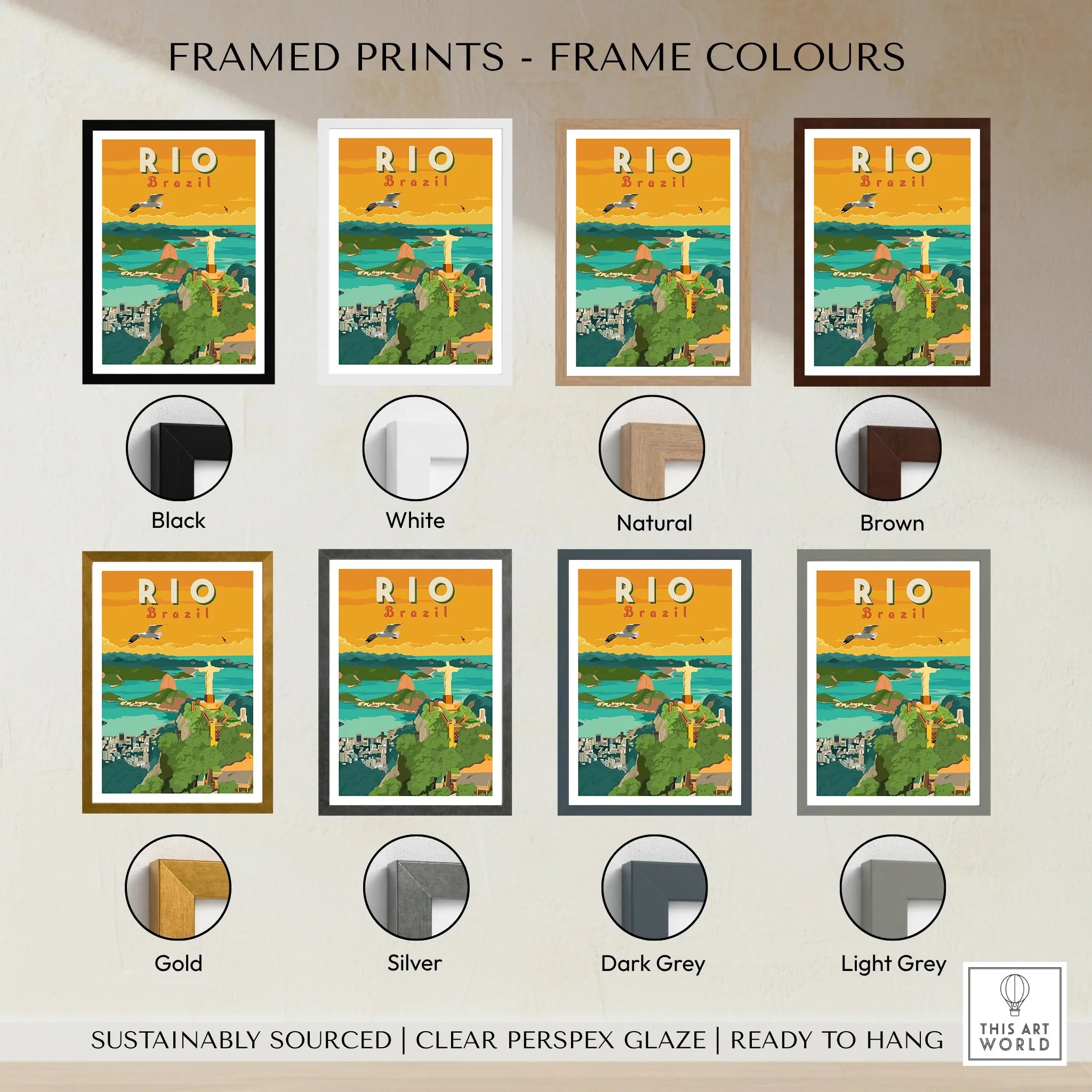Rio Brazil travel poster in various frame colors for home decor