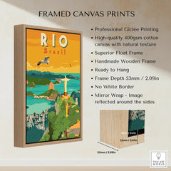 Framed Rio Brazil travel poster canvas print with Christ the Redeemer, city skyline, and ocean view for wall art decor