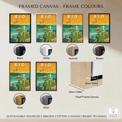 Rio Brazil travel poster with frame options: black, white, natural, brown, gold, silver