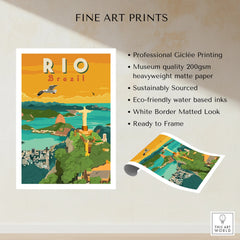 Rio Brazil travel poster art print featuring Christ the Redeemer, city skyline, and coastal views for home decor