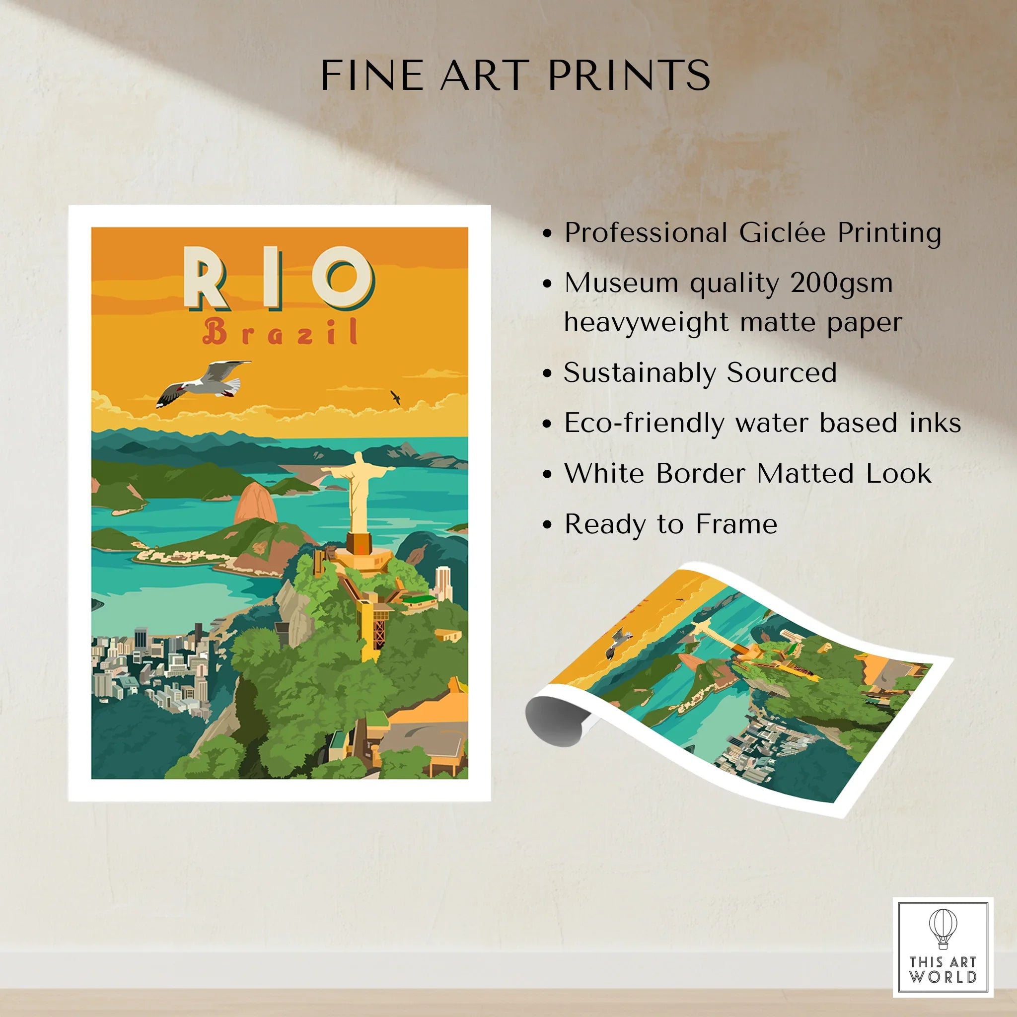 Rio Brazil travel poster art print featuring Christ the Redeemer, city skyline, and coastal views for home decor