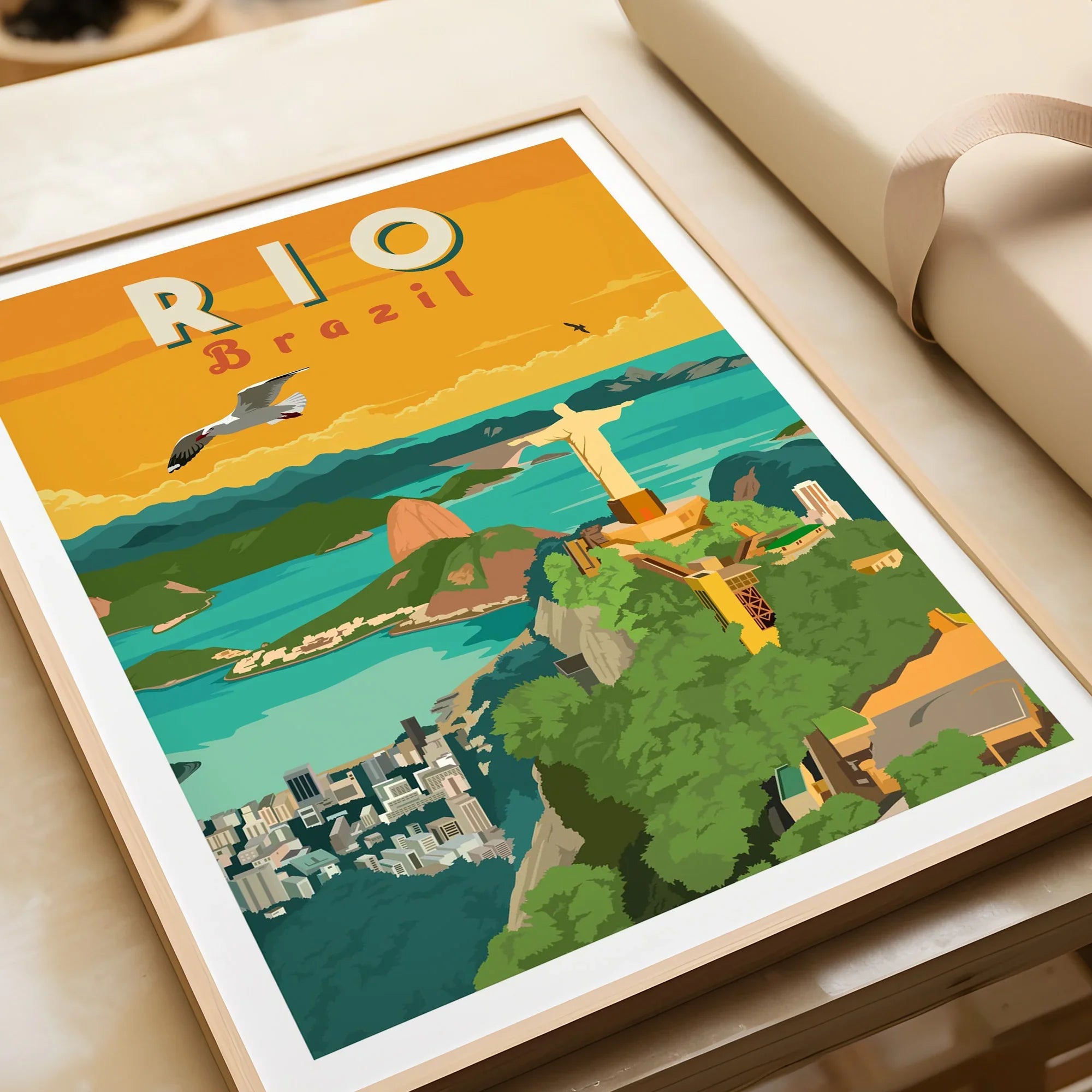 Rio Brazil travel poster print featuring Christ the Redeemer, city skyline, and coastal views for wall art decor