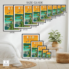 Rio Brazil travel poster in various sizes for home decor, featuring city skyline and coastal views