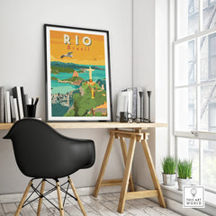 Rio Brazil travel poster featuring Christ the Redeemer, vibrant cityscape, and coastal views for home decor