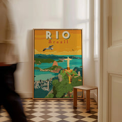 Rio Brazil travel poster featuring Christ the Redeemer, city skyline, and coastal views for home decor