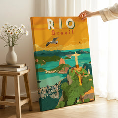 Rio Brazil travel poster canvas art featuring Christ the Redeemer, city skyline, and coastal views for home decor