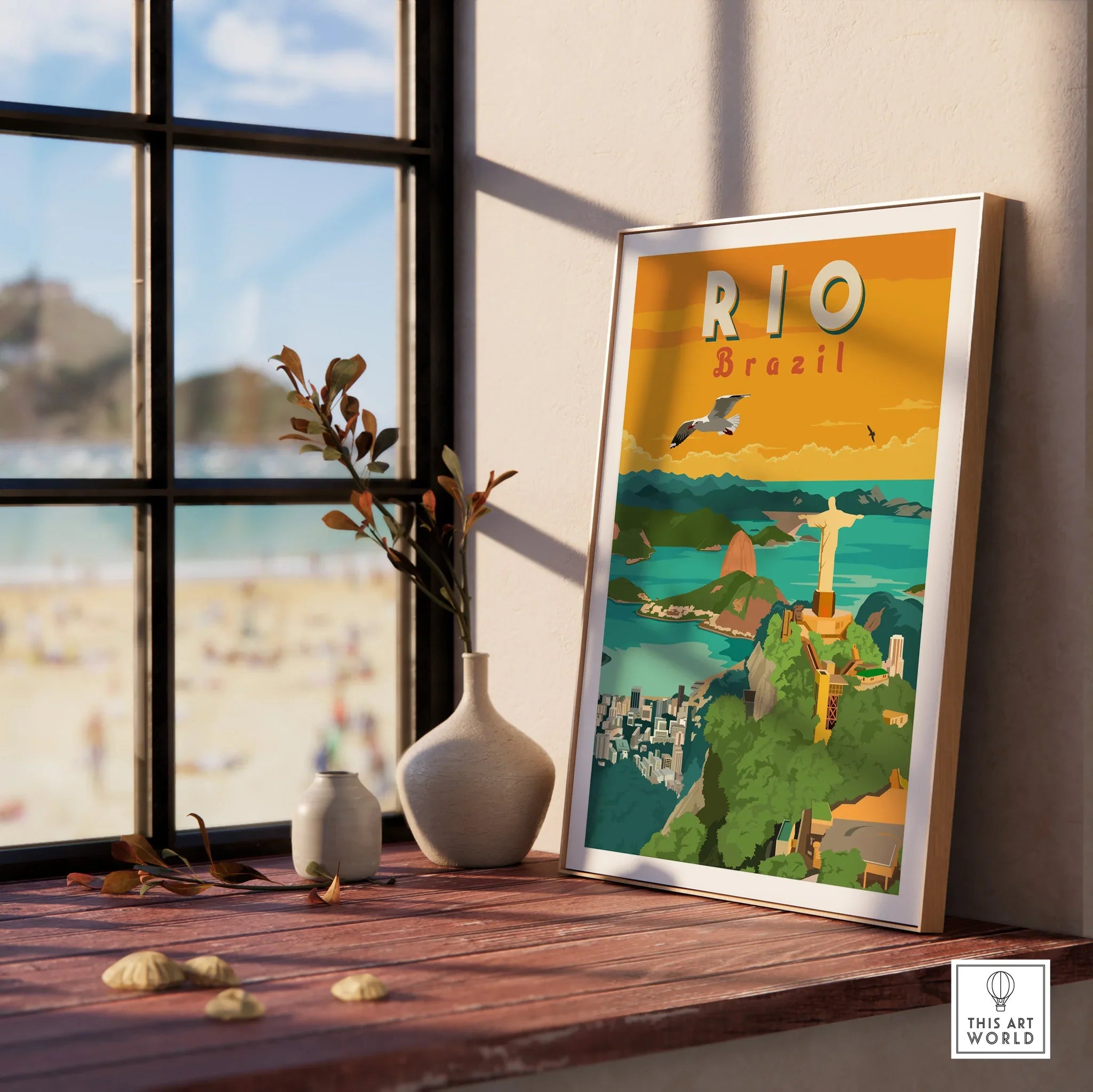 Rio Brazil travel poster with Christ the Redeemer, beach view, and city skyline wall art