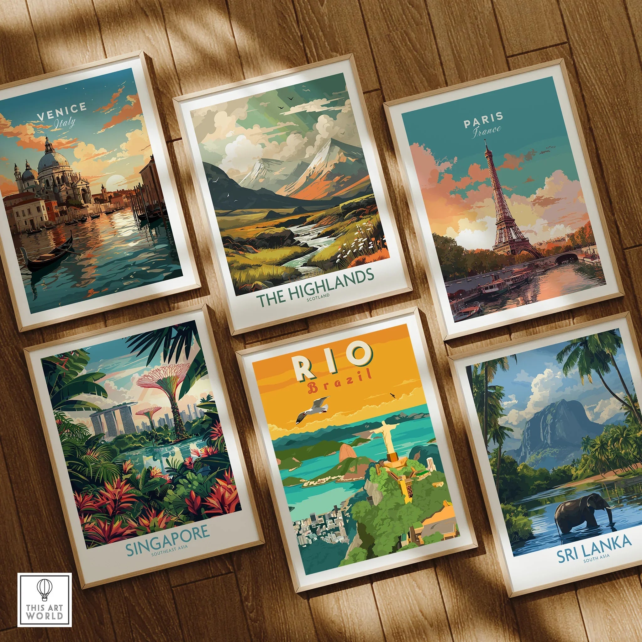 Framed travel posters of Venice, Paris, Rio, Singapore, Sri Lanka, and Scottish Highlands for wall art decor