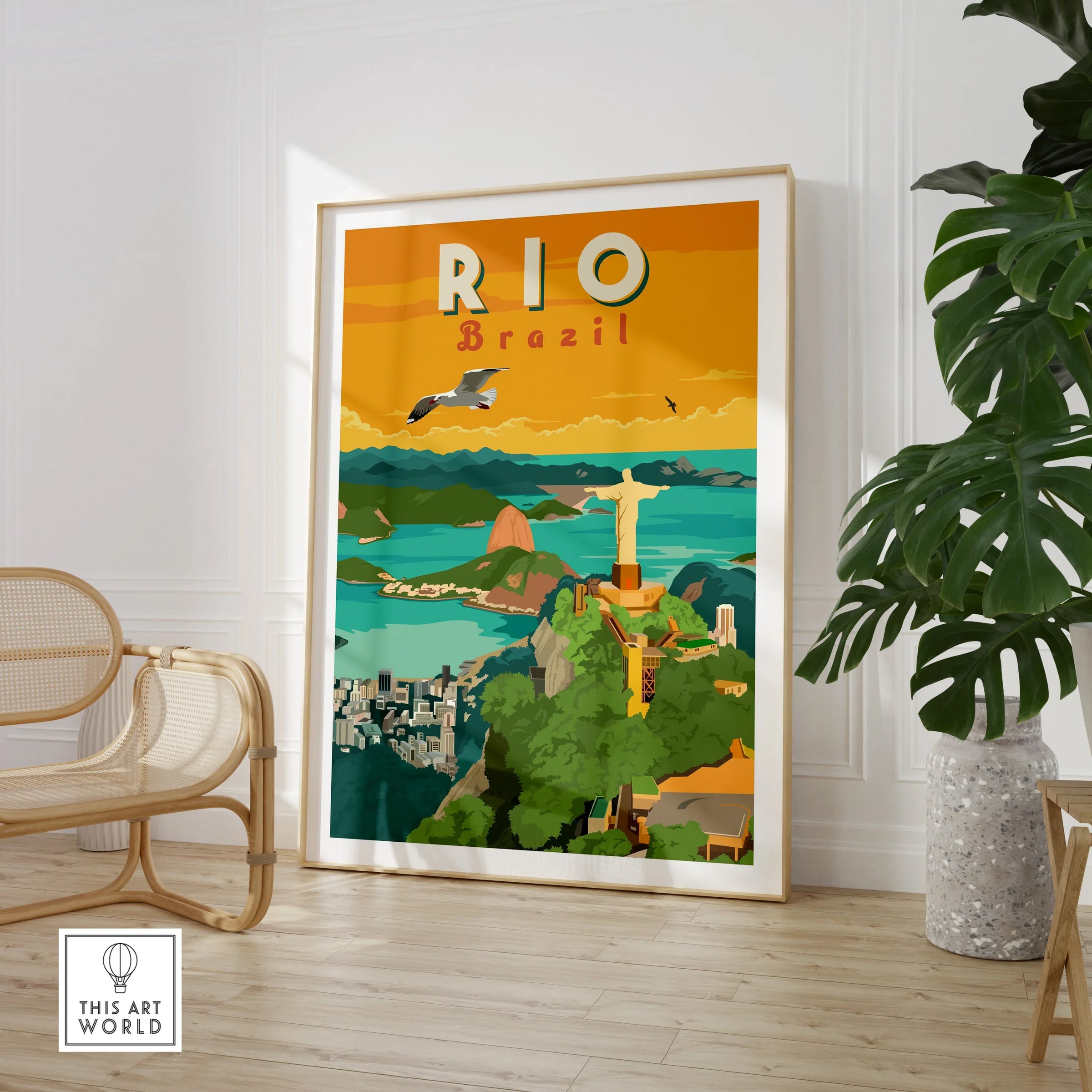 Rio Brazil travel poster featuring Christ the Redeemer, Sugarloaf Mountain, and city skyline, perfect wall art decor.