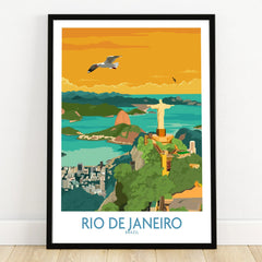 Rio de Janeiro travel poster featuring Christ the Redeemer, Sugarloaf Mountain, and city skyline for wall art decor