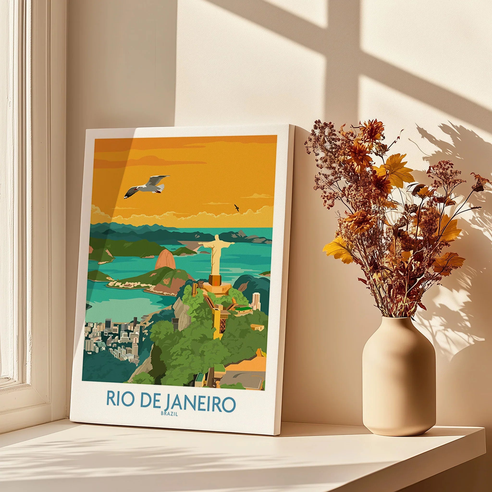 Rio de Janeiro travel poster print featuring Christ the Redeemer, Sugarloaf Mountain, and city skyline, perfect for wall art decor.
