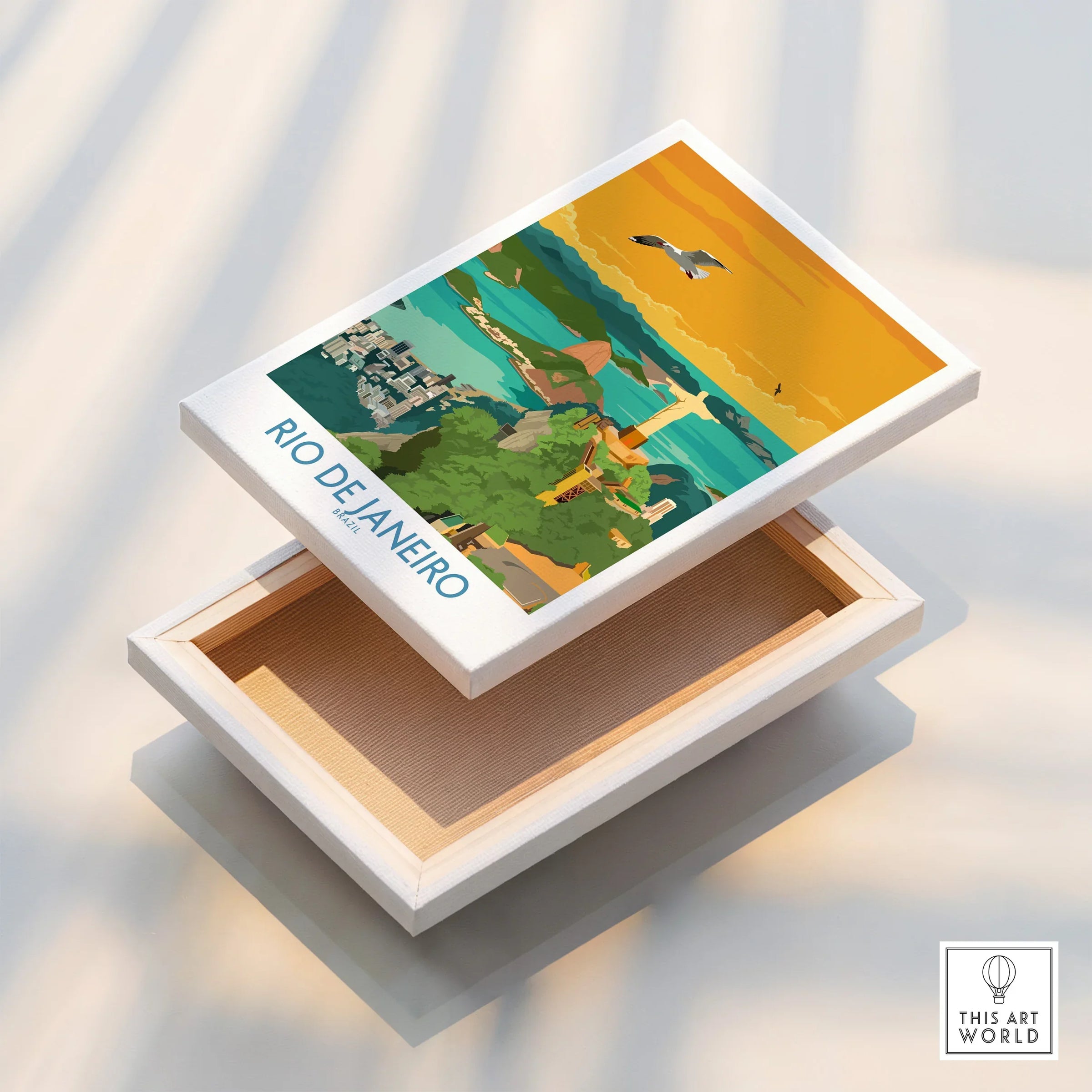 Rio de Janeiro Brazil travel poster canvas art with Christ the Redeemer, city skyline, and ocean view