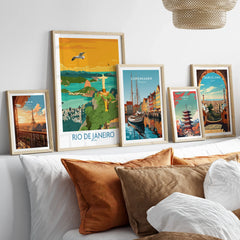 Framed travel posters of Paris, Rio, Copenhagen, Tokyo, Barcelona for home wall art decor