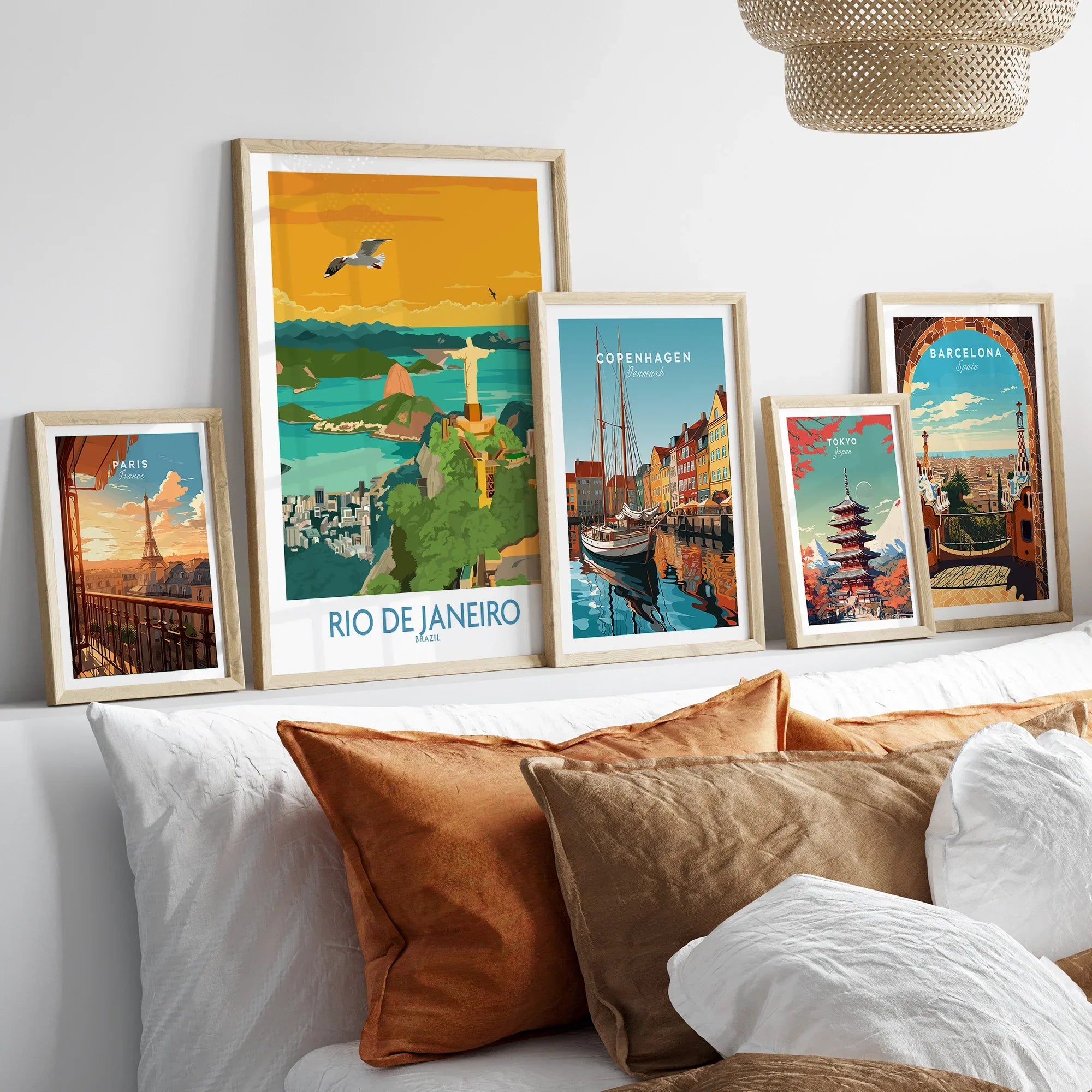 Framed travel posters of Paris, Rio, Copenhagen, Tokyo, Barcelona for home wall art decor